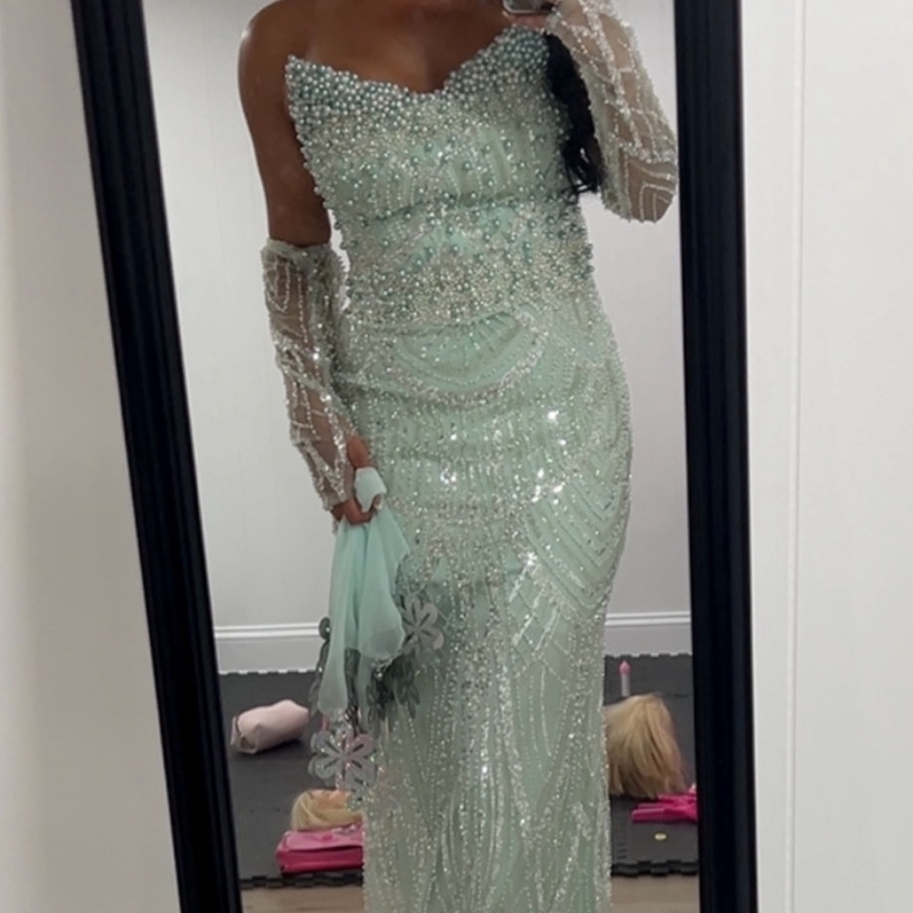Elegant Mint Green Beaded Gown (custom made)